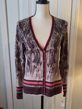 Bianca Brown Snakeskin Patterned V-Neck Cardigan with Pink Trim